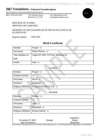 German birth certificate translation sample