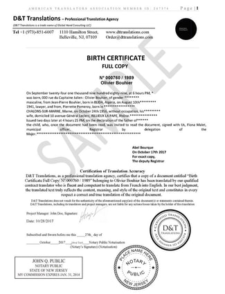 Certified translation of birth certificate from French to English